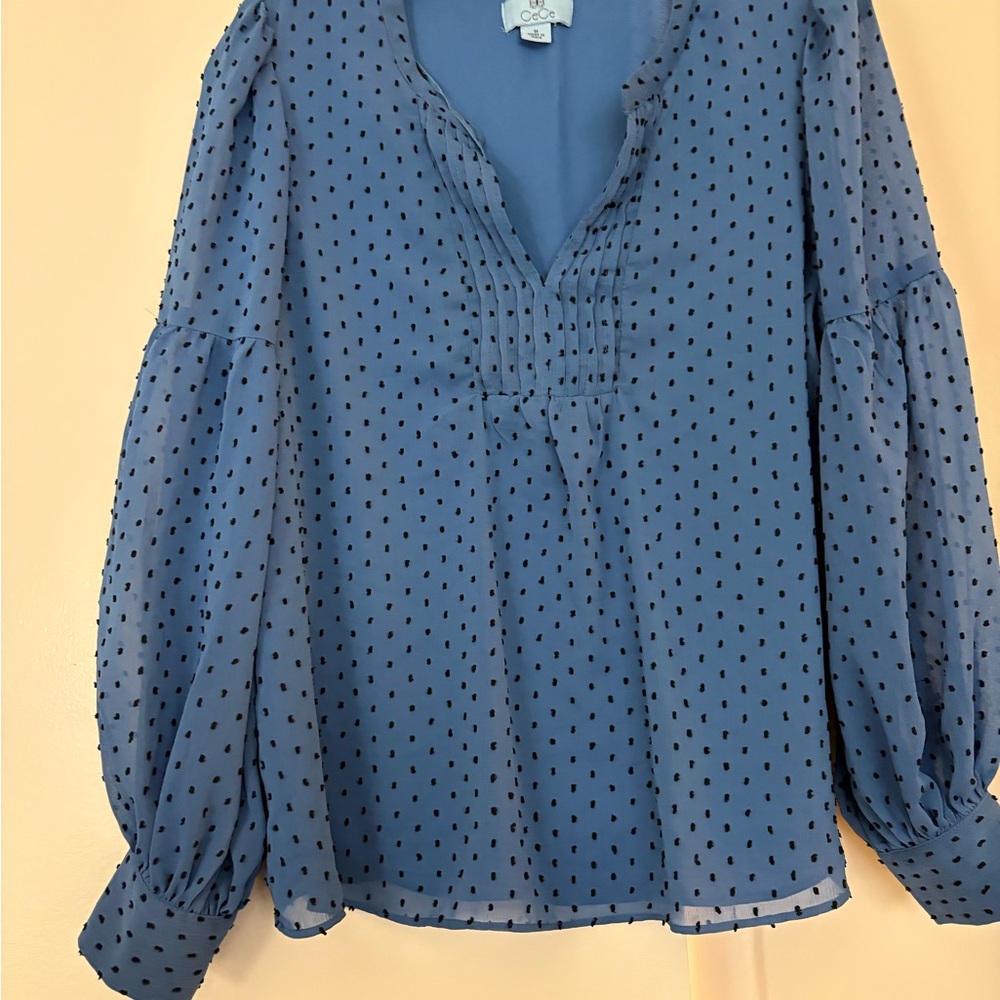 CeCe Navy Blouse with Black Dots